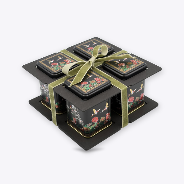 Probierset Tee – 4 Dosen à ca. 20 g (Eckige Dosen mit Vogelmotiv)
