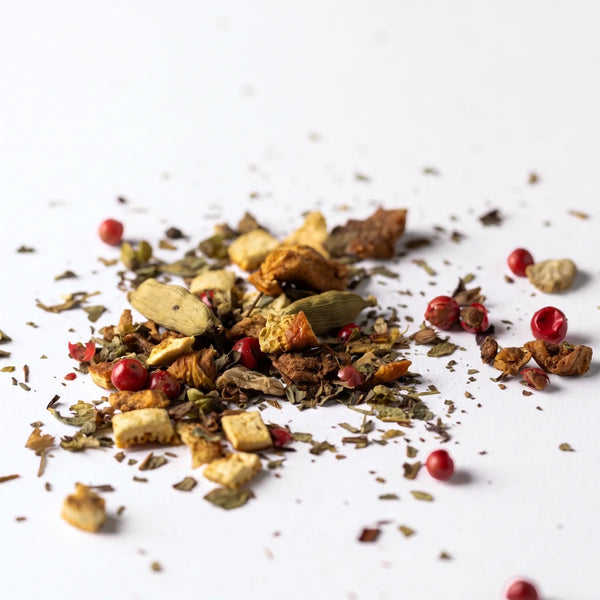 Pilates Tulsi Kräutertee lose mit Kardamom, rosa Pfeffer und Apfelstücken – Heissenberger Tee & Kaffee