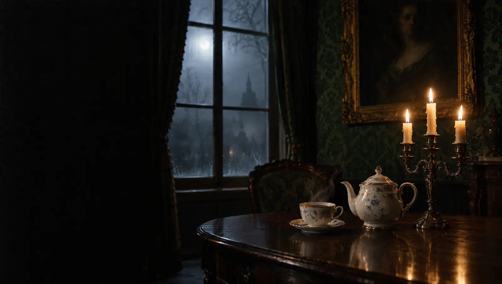 Dunkler Salon um Mitternacht mit Teetasse, Kanne und Kerzen