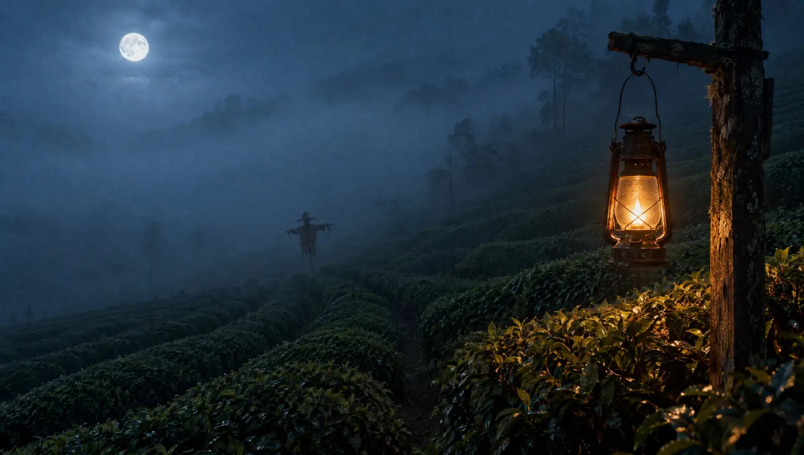 Teegarten im Nebel bei Vollmond mit Laterne und Vogelscheuche